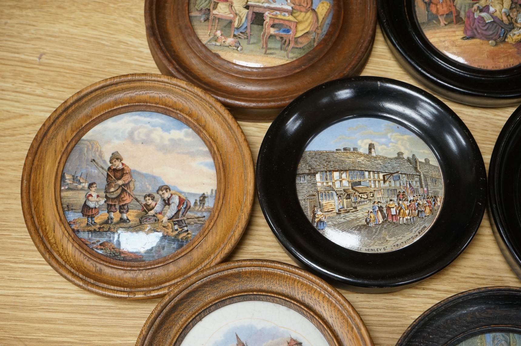 A collection of eleven framed pot lids, including one of the Chrystal Palace; The Grand International Building of 1851, For The Exhibition of Art and Industry of all Nations, Crystal Palace pot lid 12.5cm diameter not in